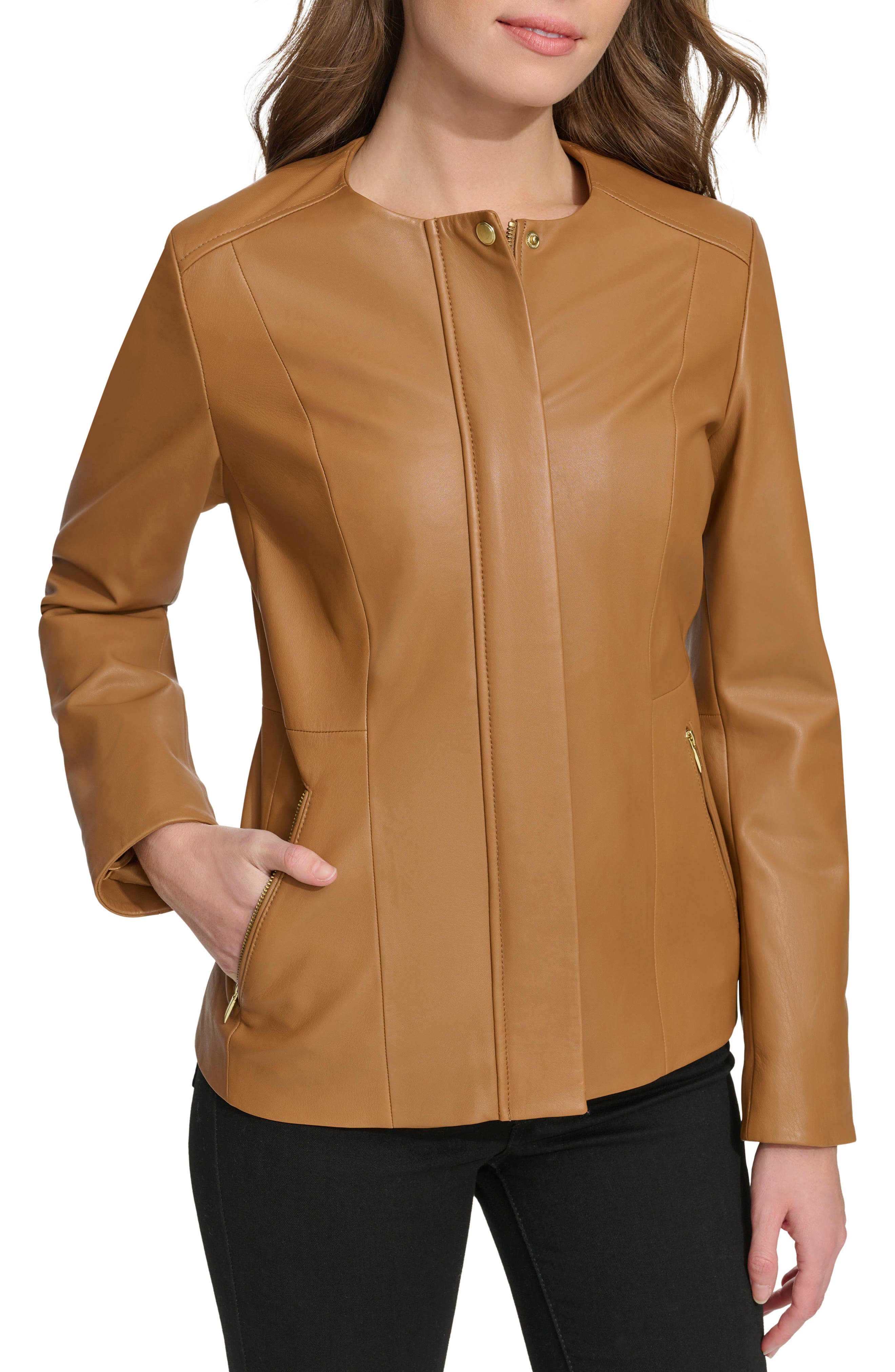 Cole Haan Signature Collarless Leather Jacket in Hazelnut 