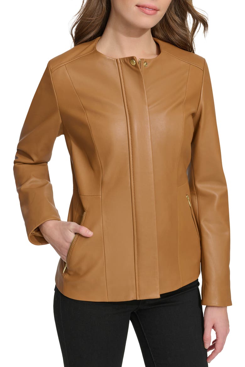 Collarless Leather Jacket, Main, color, HAZELNUT