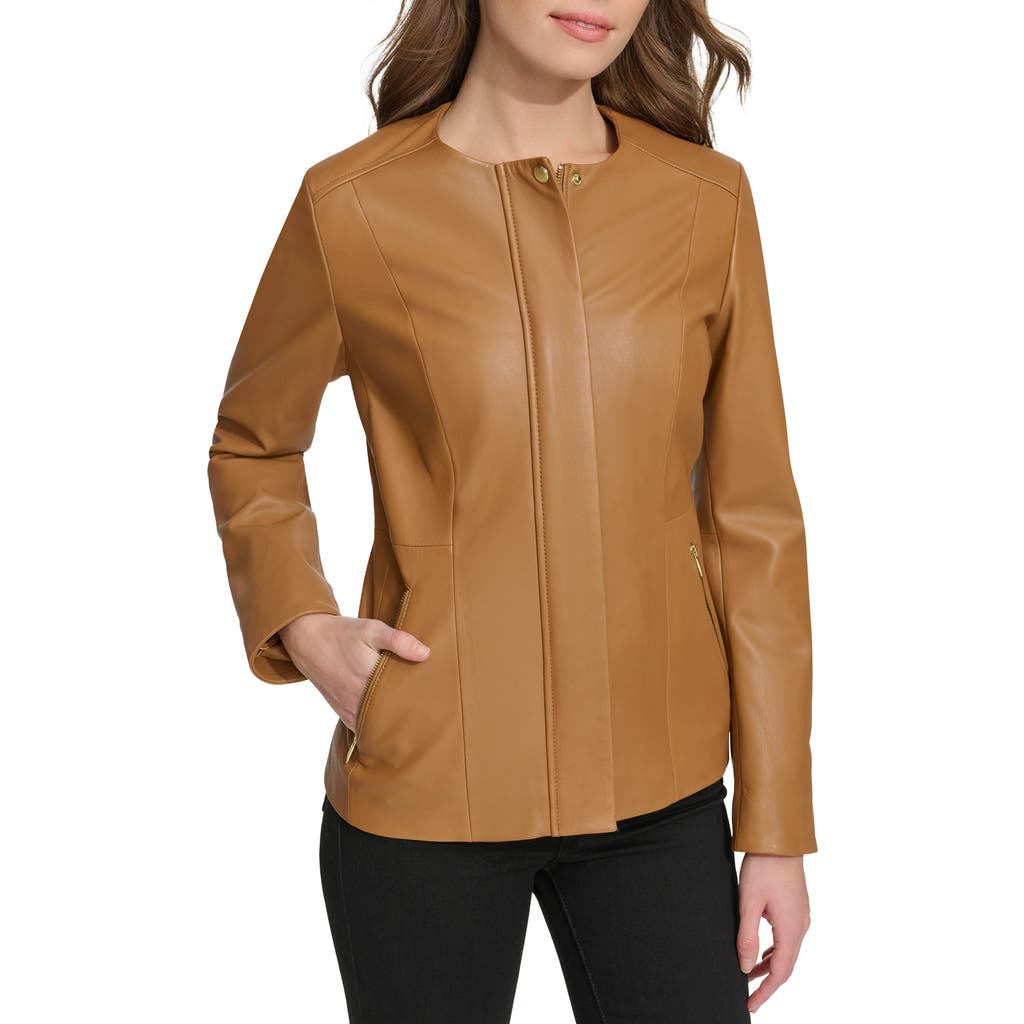 Cole Haan Signature Collarless Leather Jacket in Hazelnut