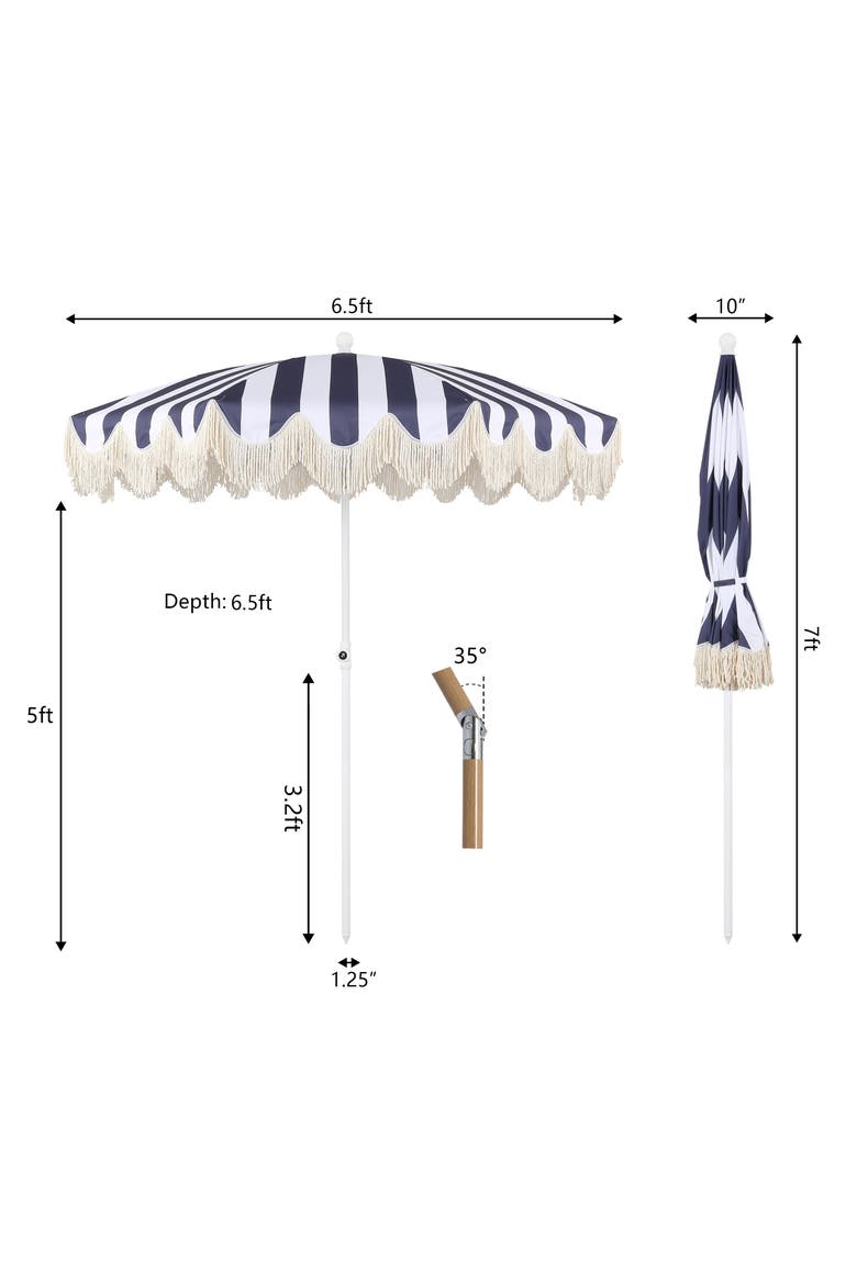 Mariner Coastal Round Outdoor Beach Umbrella with Fringe Trim, Push-Button Tilt, UV 50 Canopy and Wood-Finish Pole, Alternate, color, Navy/White - White Pole