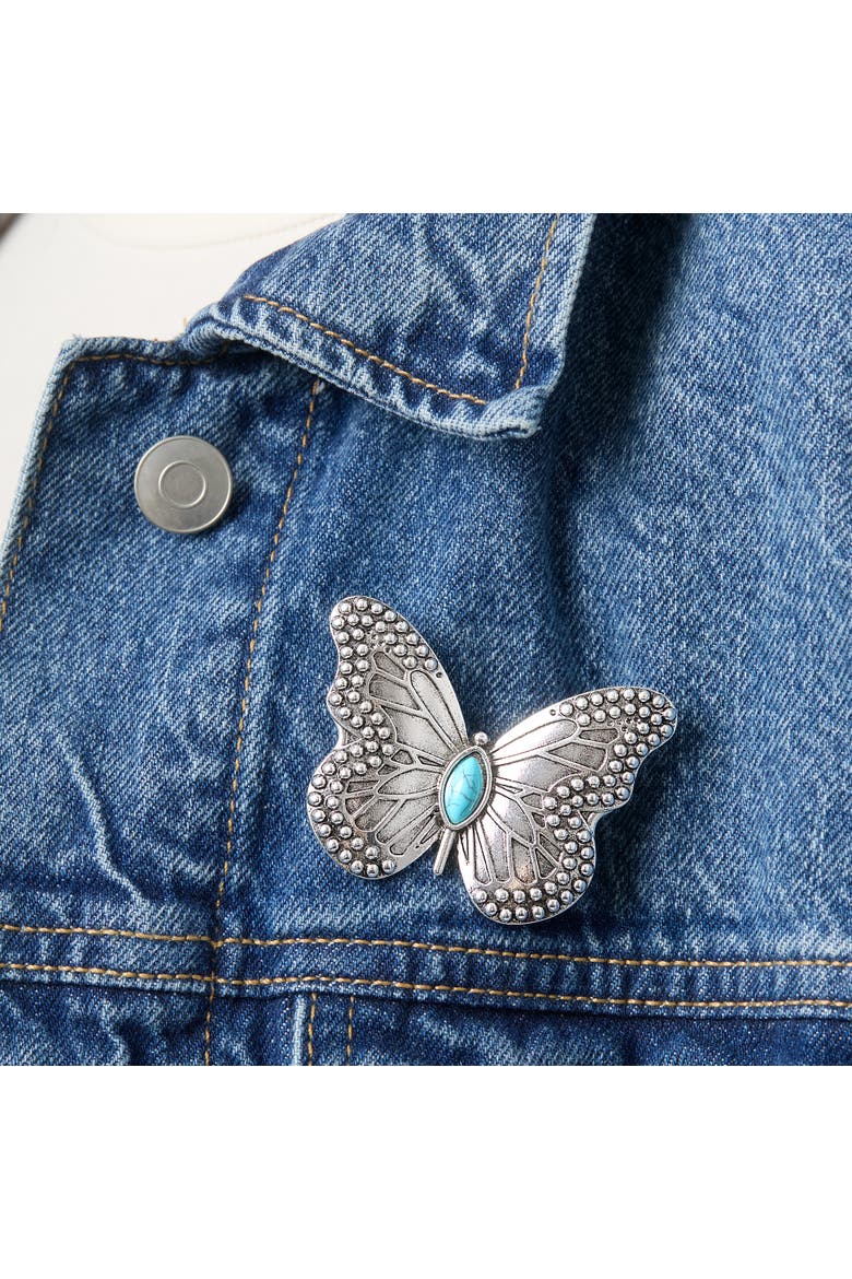 Silver Butterfly Pin with Turquoise Accent, Alternate, color, Silver, Turquoise