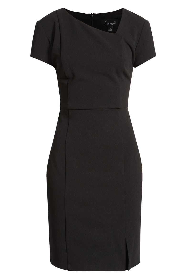 Asymmetric Neck Scuba Sheath Dress, Alternate, color, BLACK