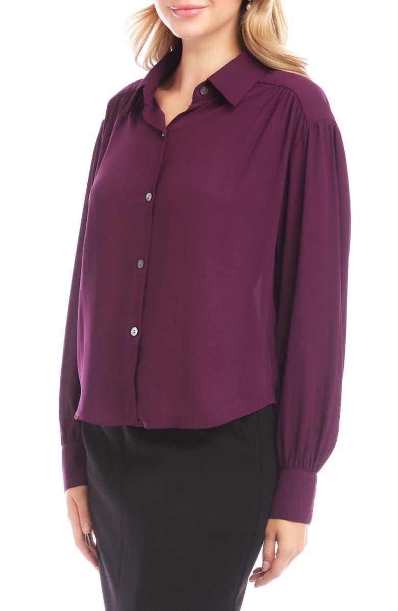 Karen Kane Drapey Crepe Button-Up Shirt, Alternate, color, Eggplant
