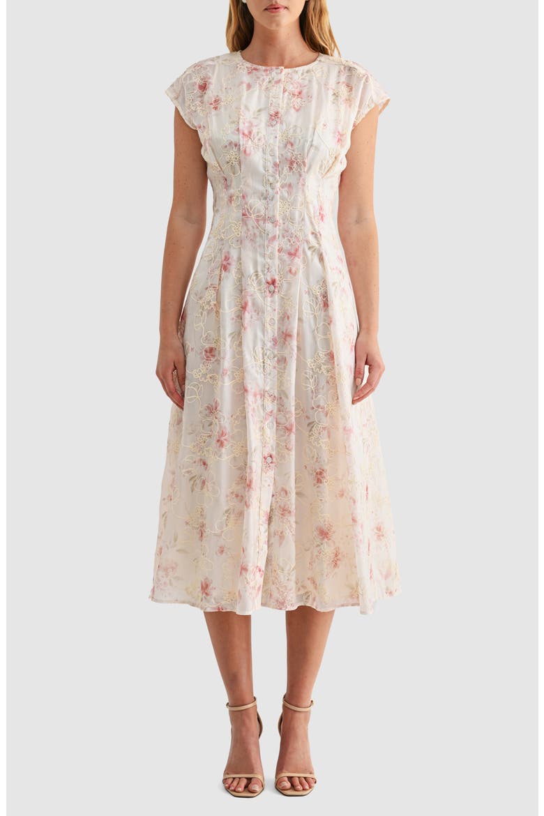 Embroidered Floral Cap Sleeve Shirtdress, Main, color, CREAM MAUVE FLORAL