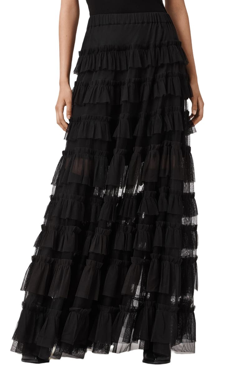 AllSaints Aude Tiered Tulle Ruffle Maxi Skirt, Main, color, Black