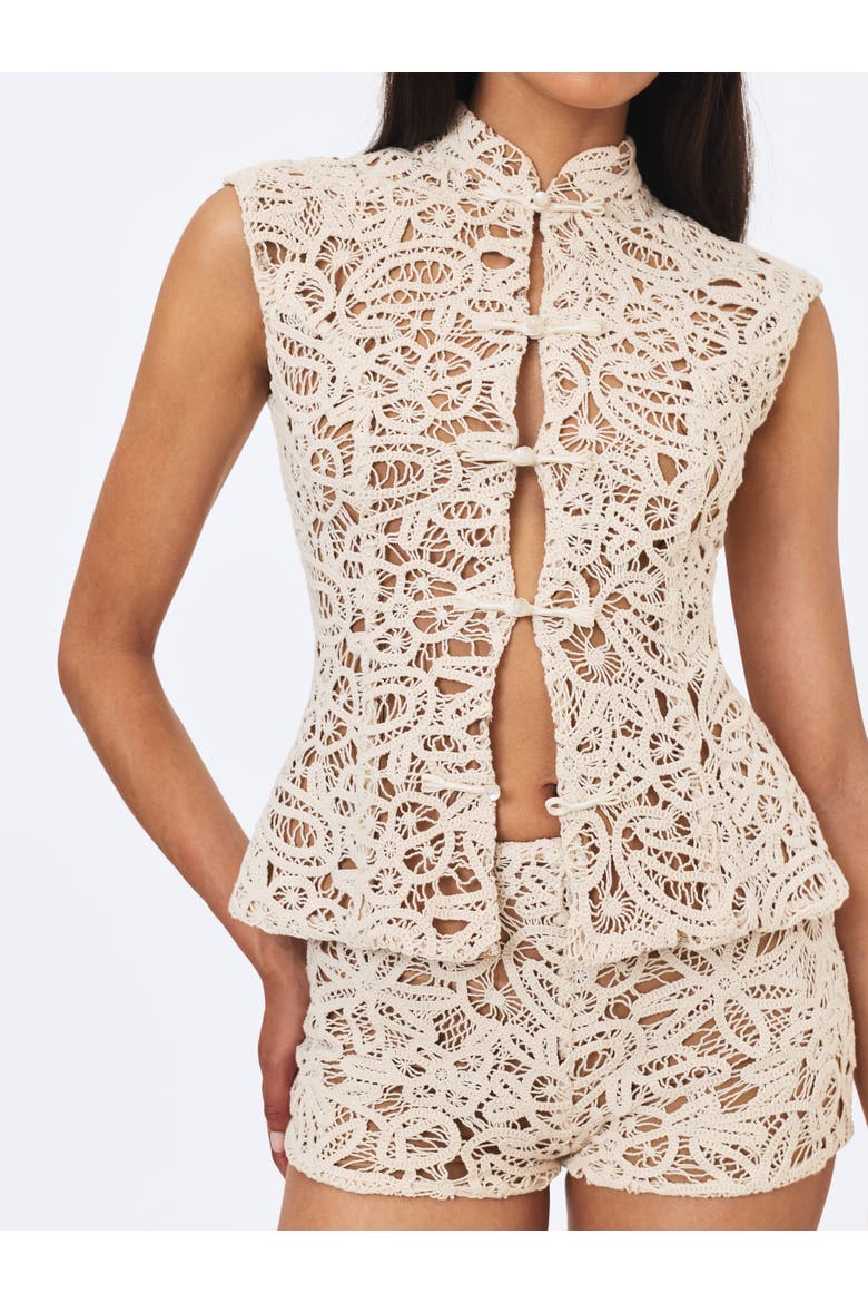 Rosetta Cotton Crochet Mandarin Collar Top, Alternate, color, Beige