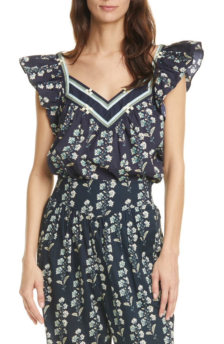 La Vie Rebecca Taylor Larkspur Floral Ruffle Cotton Top, Main, color, 
