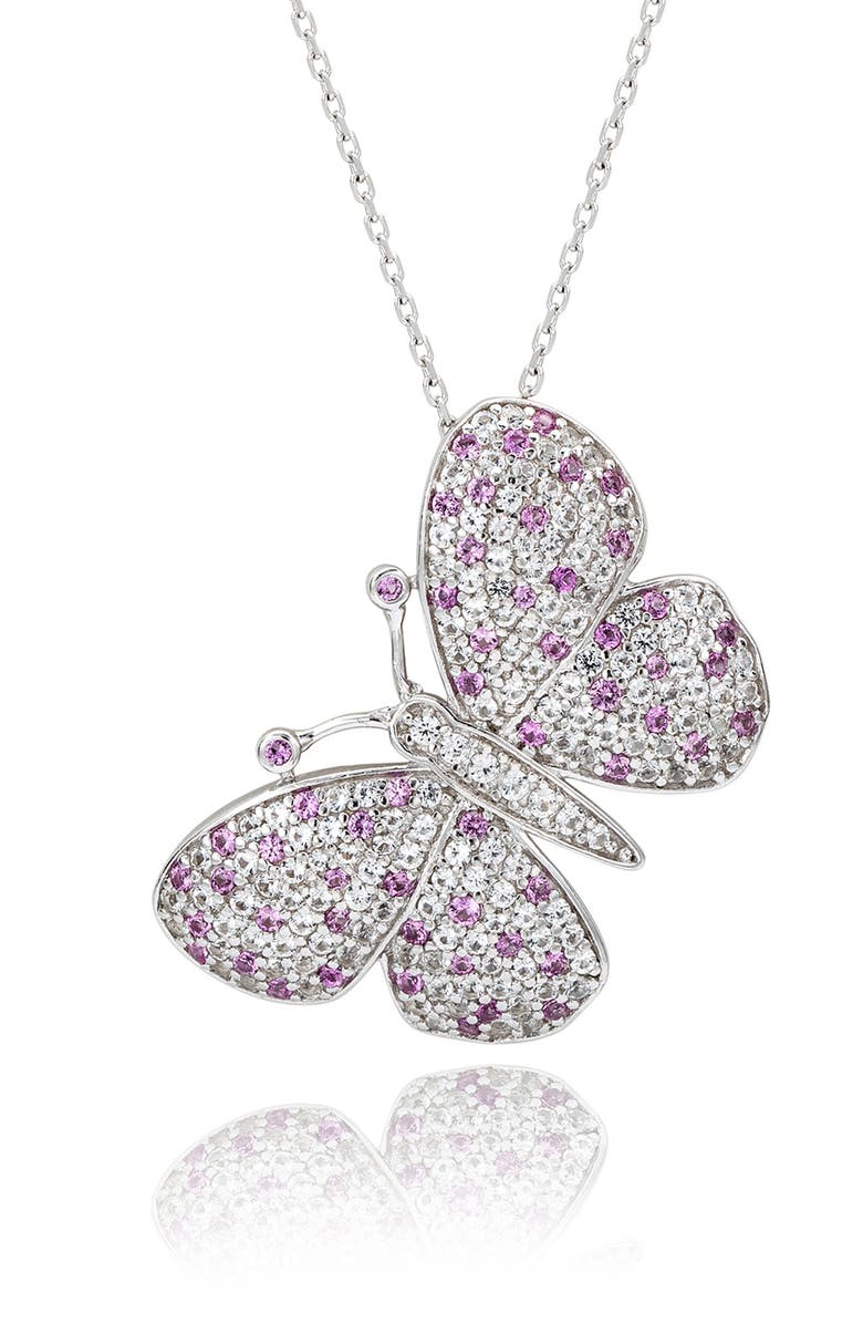 SUZY LEVIAN DIAMONDS Sterling Silver Pavé Pink & White Sapphire Butterfly Brooch Pendant Necklace, Main, color, Pink