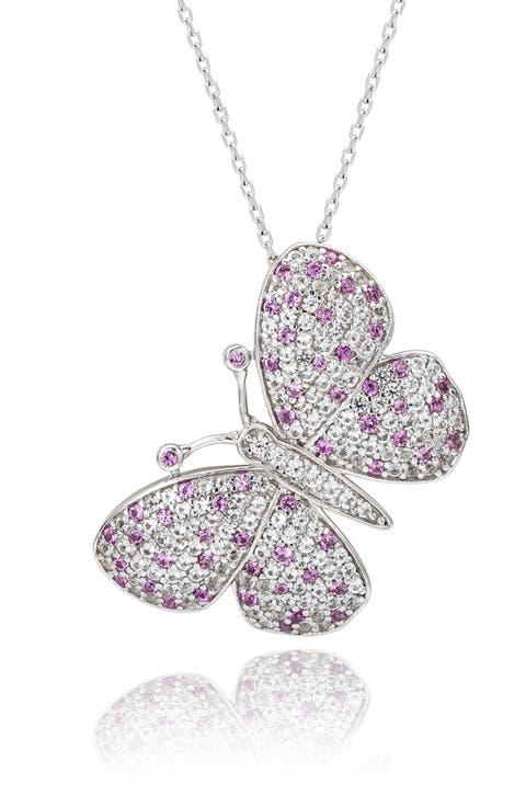 Sterling Silver Pavé Pink & White Sapphire Butterfly Brooch Pendant Necklace
