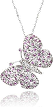 SUZY LEVIAN DIAMONDS Sterling Silver Pavé Pink & White Sapphire Butterfly Brooch Pendant Necklace