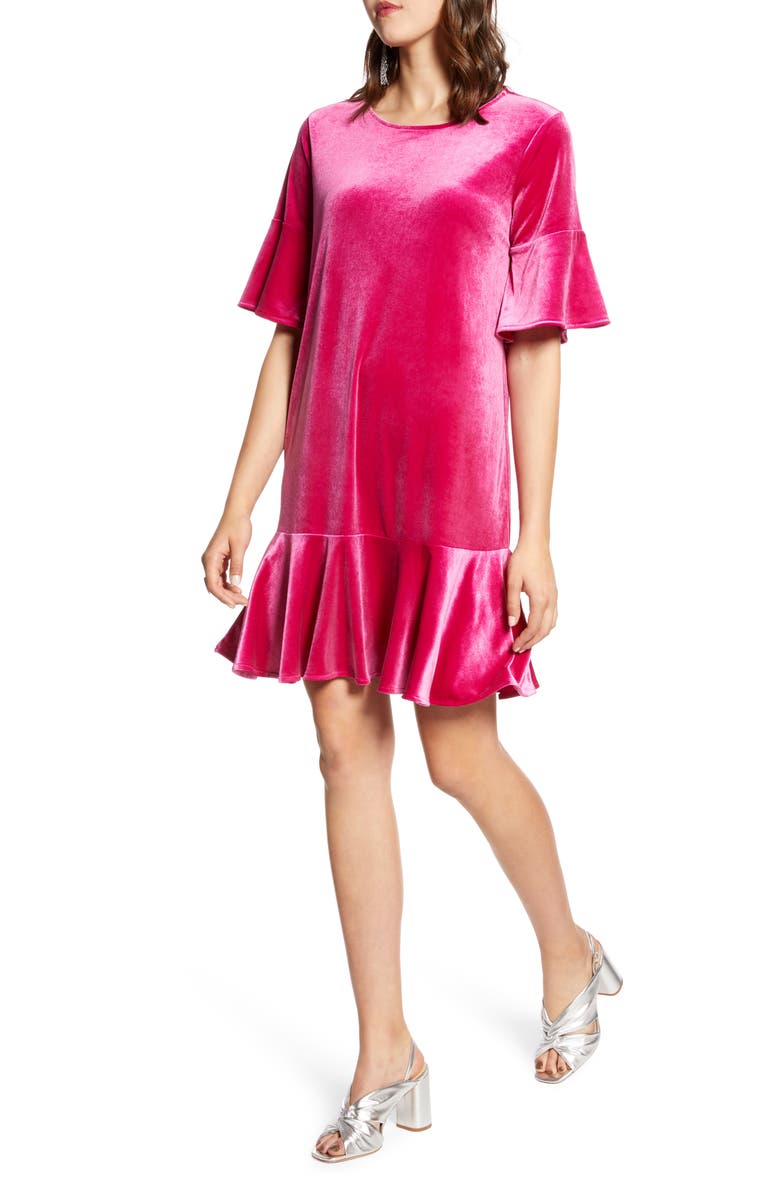 Halogen<sup>®</sup> Ruffle Trim Velvet Dress, Main, color, Pink Berry