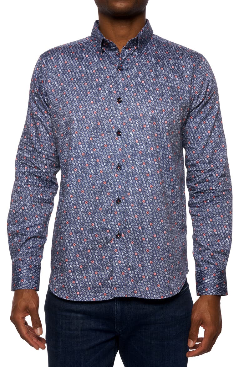 Priestley Ring Print Cotton Button-Up Shirt, Main, color, NAVY