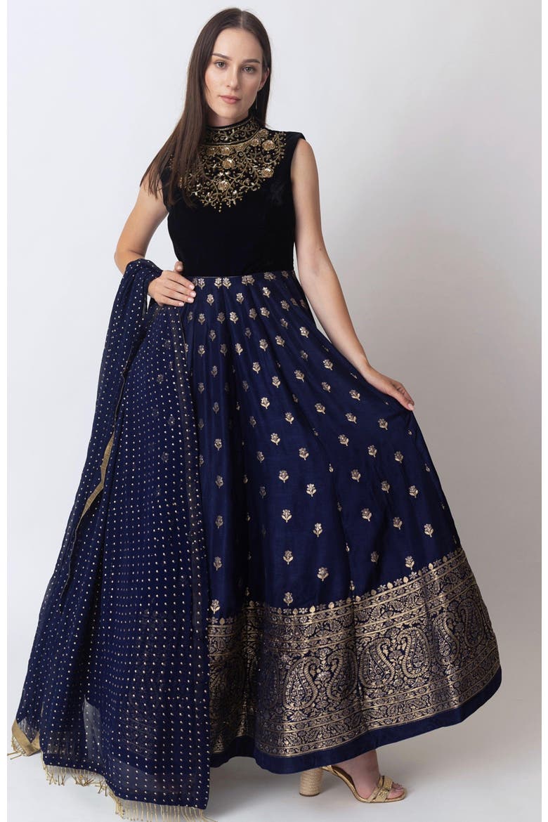 Alice Embroidered Jacquard Gown, Main, color, Navy Blue