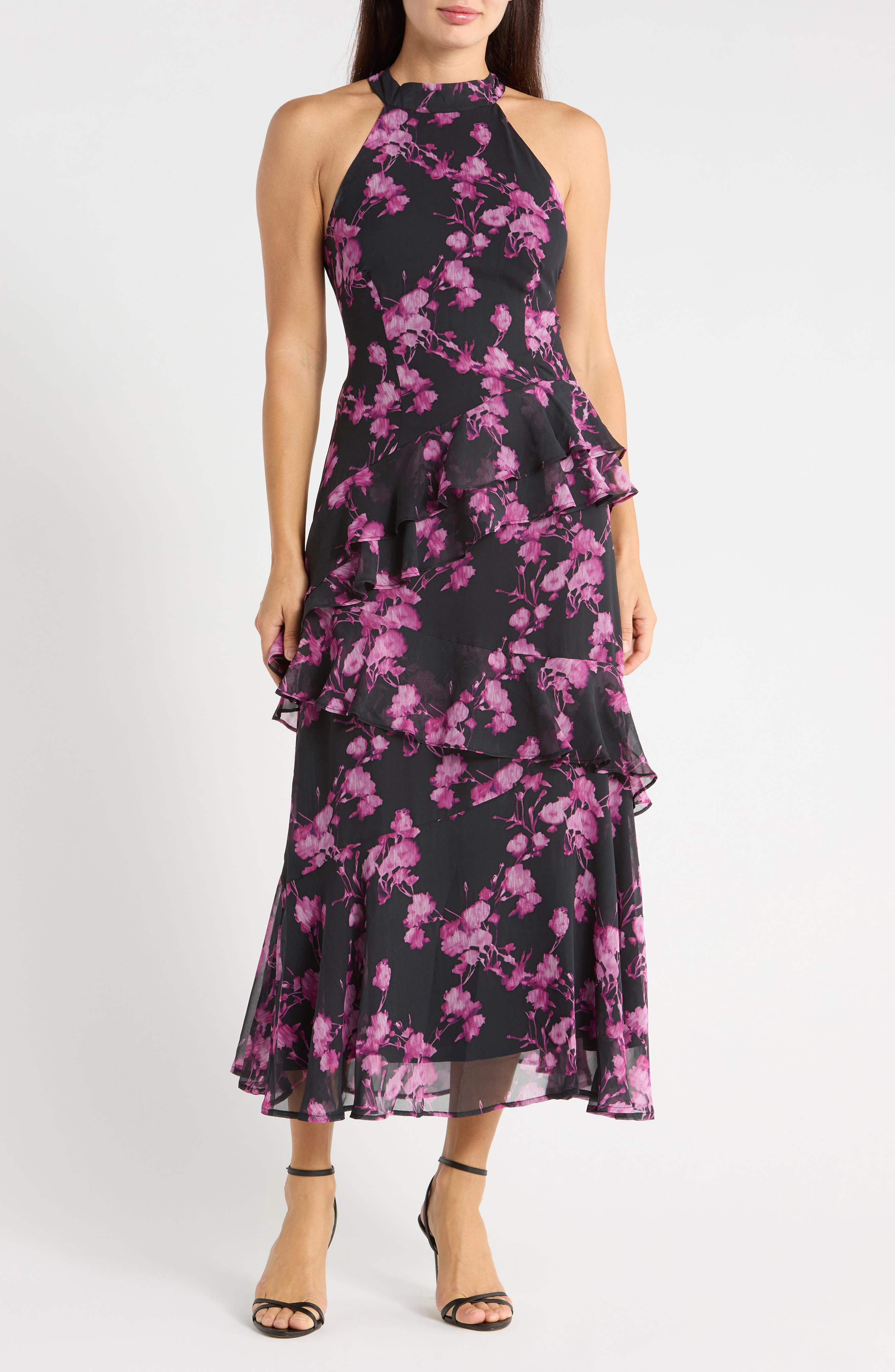 Floral Halter Neck Ruffled Maxi Dress