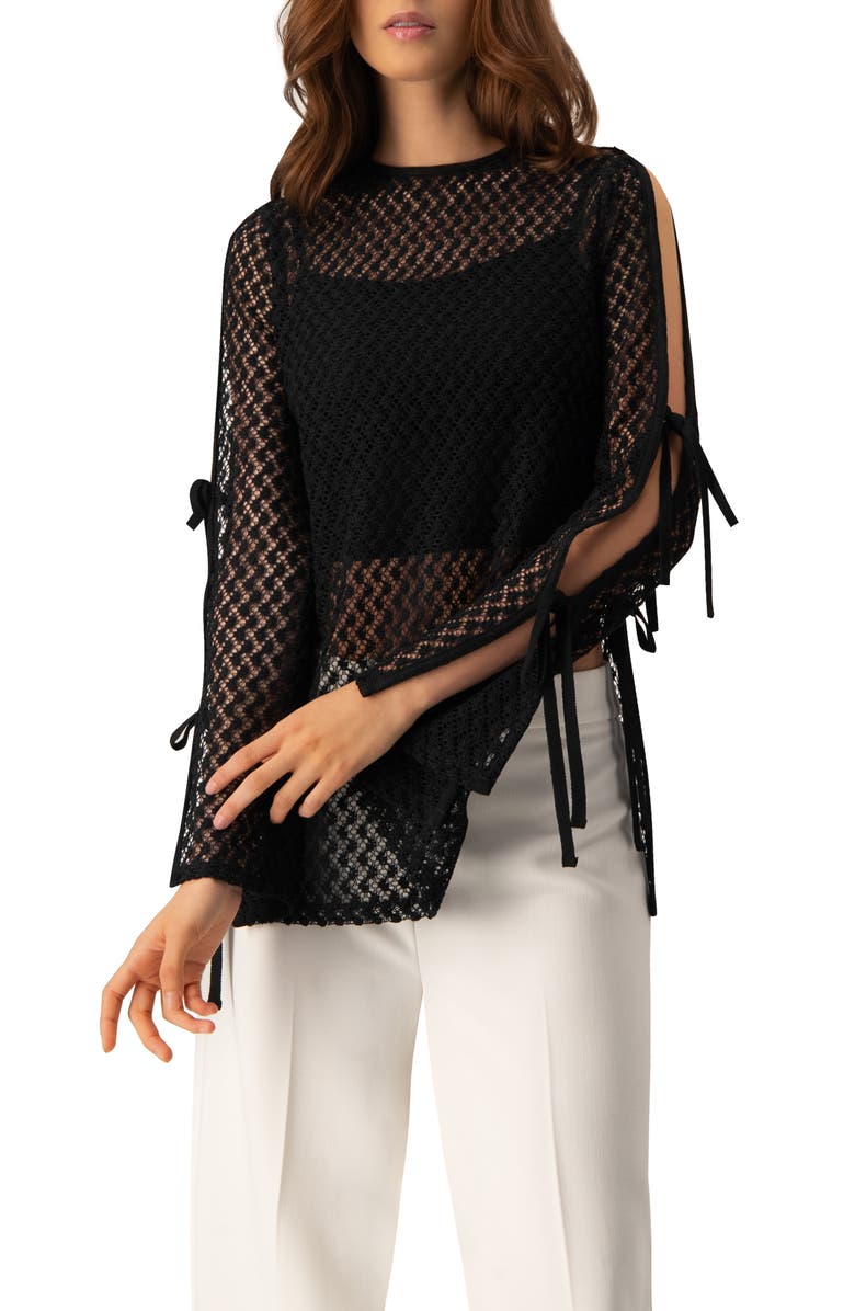 IVONNE Tie-Sleeve See Through Lace Blouse, Main, color, Black