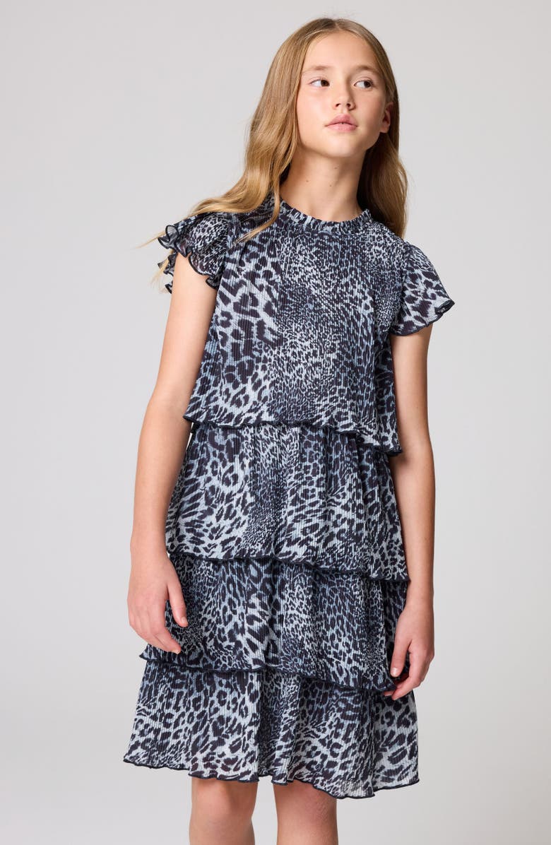 smALLSAINTS by ALLSAINTS Kids' Leopard Print Plissé Tiered Dress, Alternate, color, Black