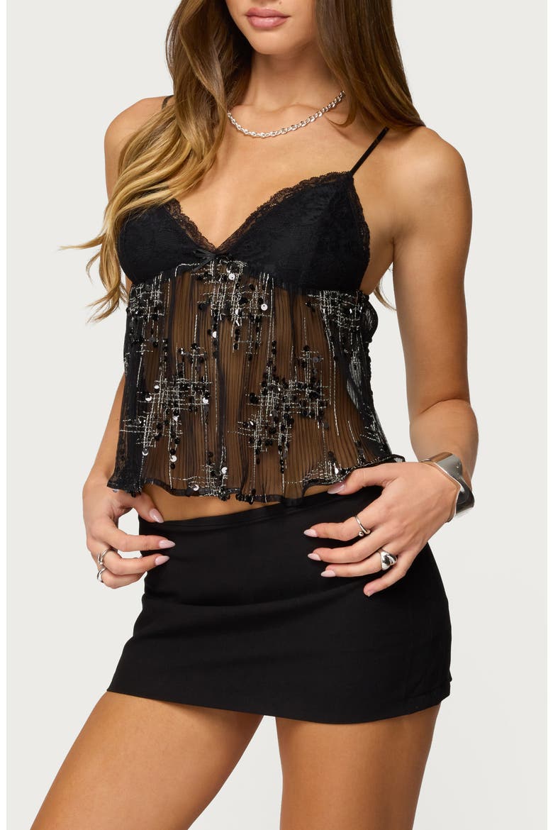 Sequin Sheer Mesh Crop Top, Alternate, color, BLACK