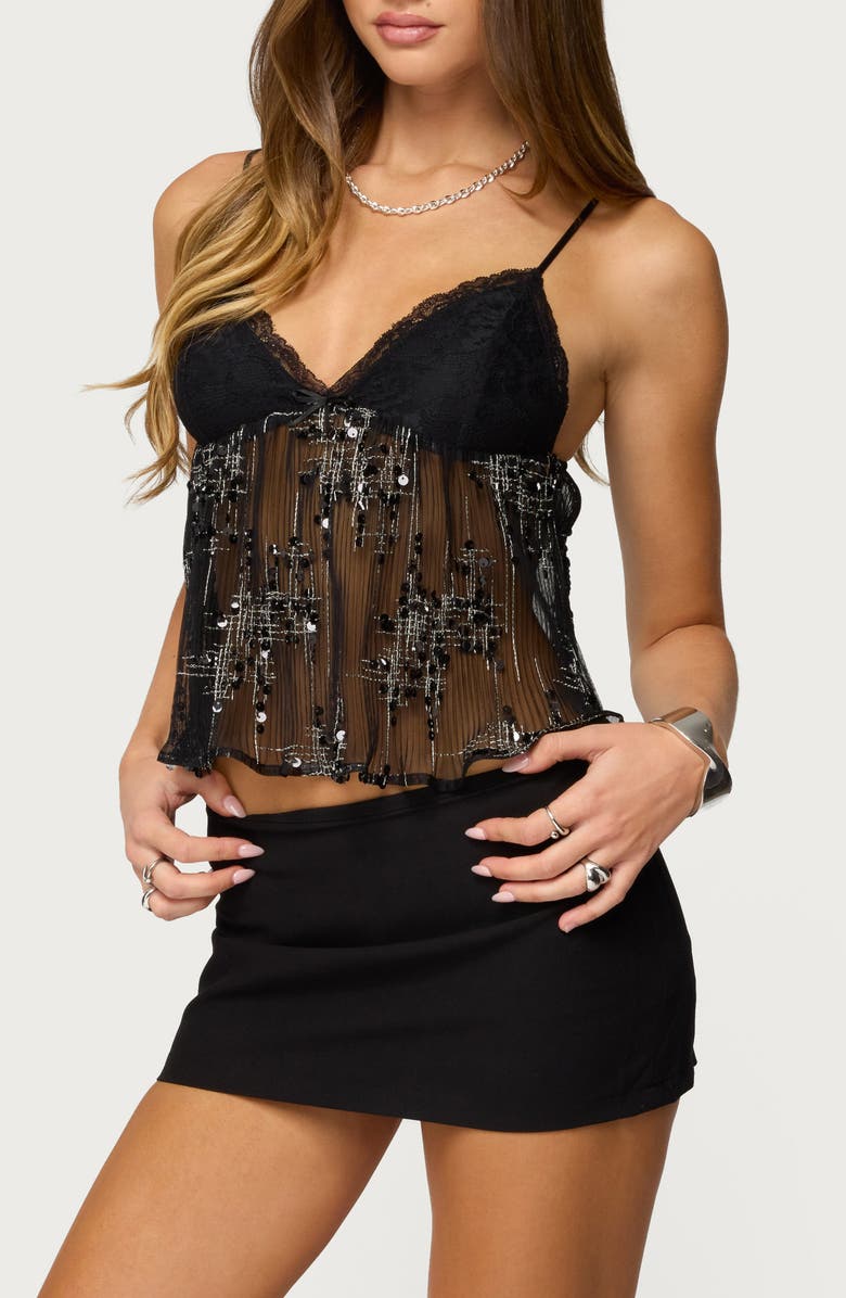 EDIKTED Sequin Sheer Mesh Crop Top, Alternate, color, 