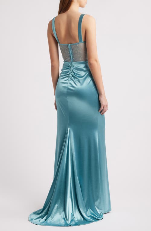 City Studio Side Slit Satin Dress In Aqua