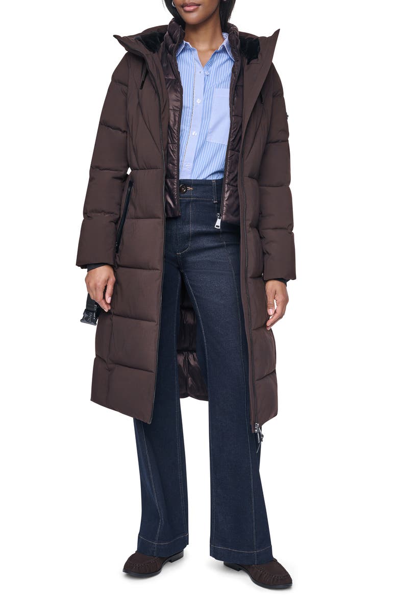 Water Resistant Belted Long Puffer Coat with Bib, Alternate, color, BITTER