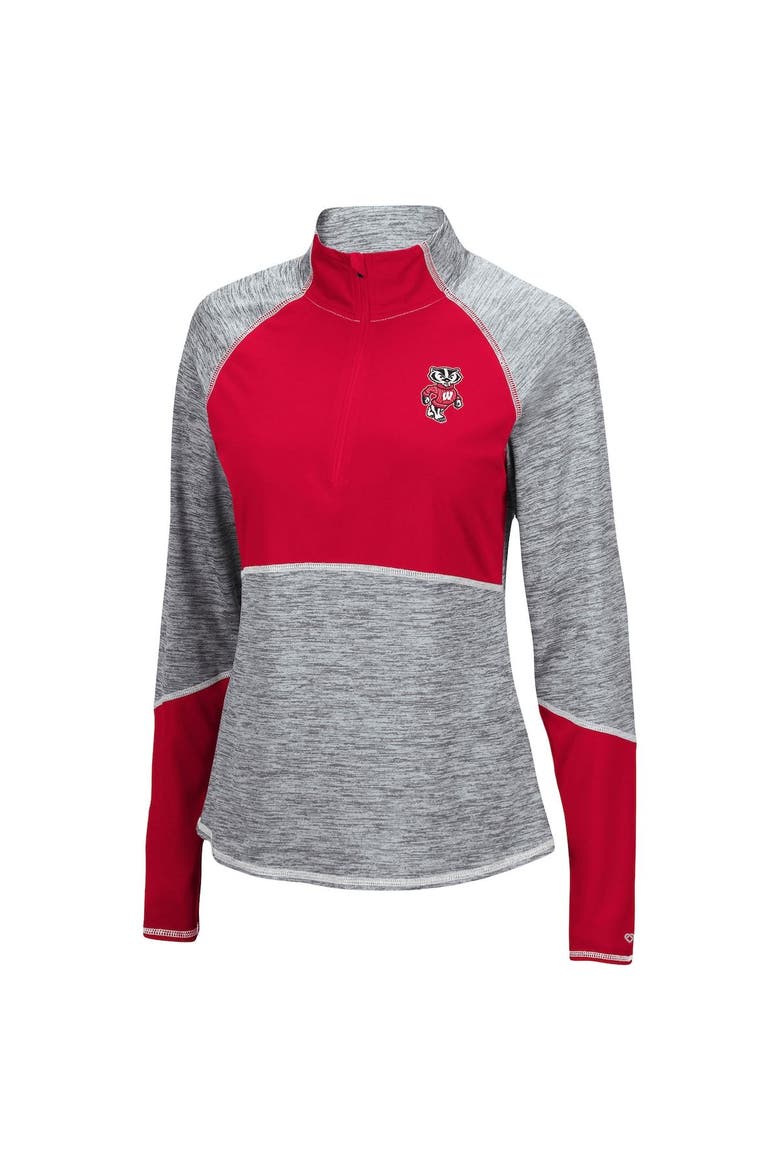 Women's Colosseum Heathered Gray/Red Wisconsin Badgers Color Block Space-Dye Raglan Quarter-Zip Top, Alternate, color, Heather Gray