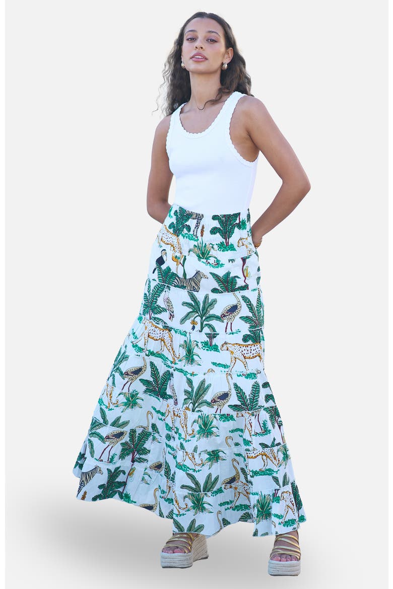 Animal Print Cotton Tiered Maxi Skirt, Alternate, color, White