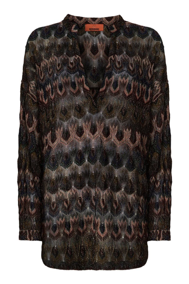 Oversized Blouse In Viscose Lamé With Arabesque Motif, Alternate, color, Brown