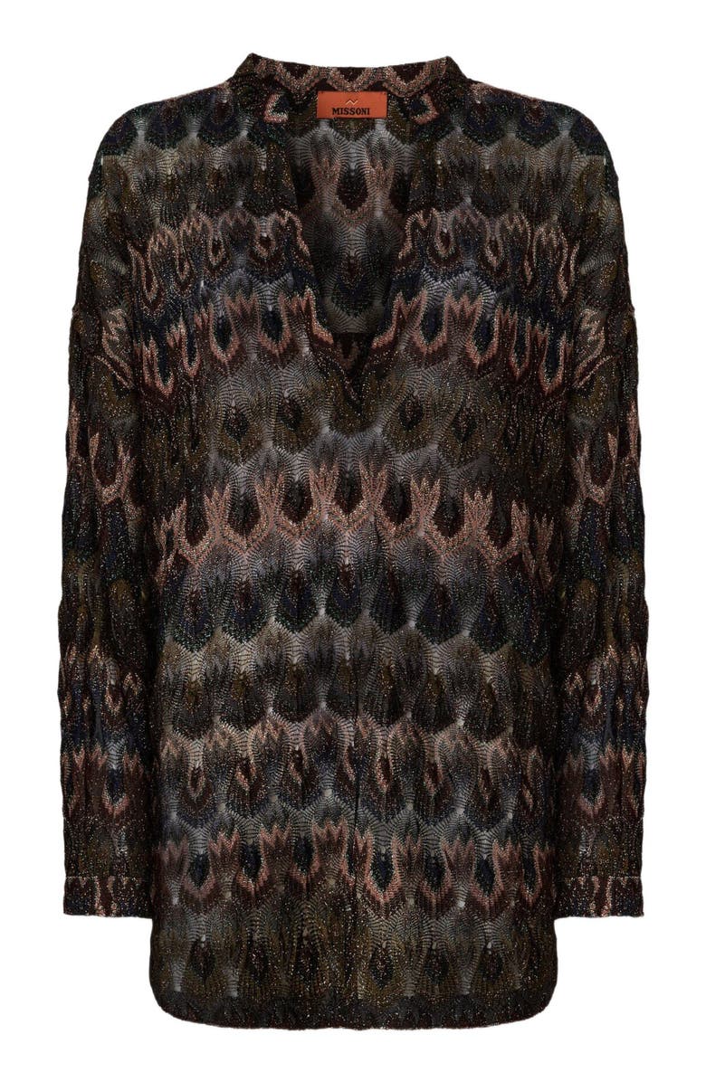 Missoni Viscose Lamé Blouse With Arabesque Motif, Alternate, color, Green& Brown