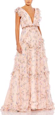 Mac Duggal Floral Print Cap Sleeve Ruffle Gown
