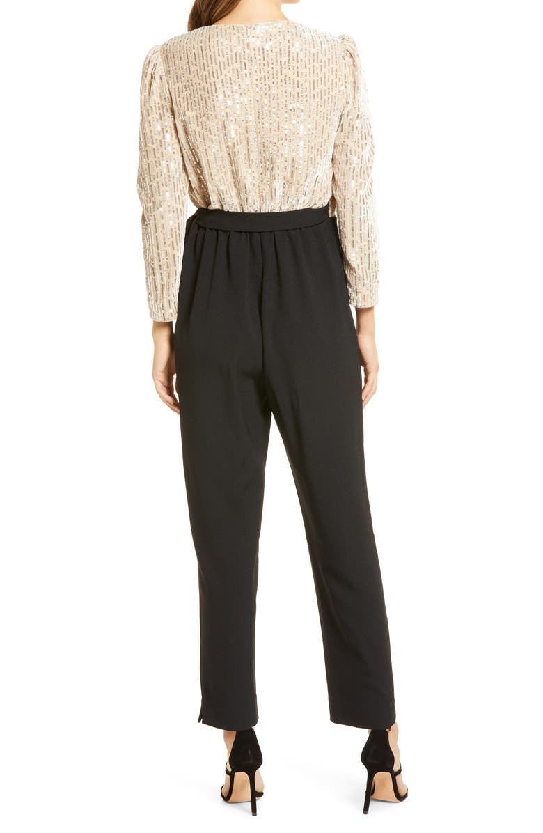 Julia Jordan Sequin Bodice Puff Three Quarter Sleeve Wrap Jumpsuit, Alternate, color, Ivory/Black
