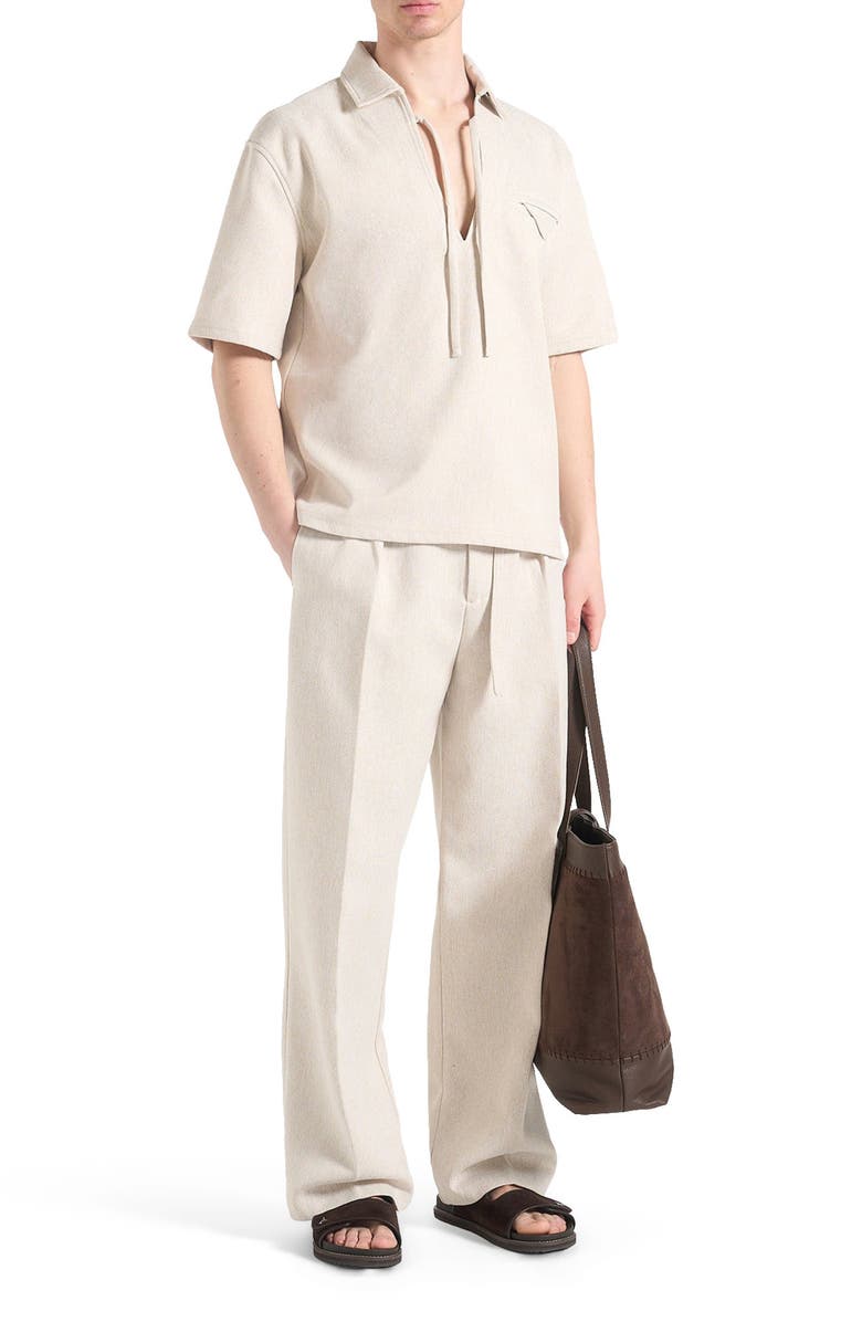 Manière De Voir Norbert Open Collar Textured Drawstring Shirt, Alternate, color, Cream