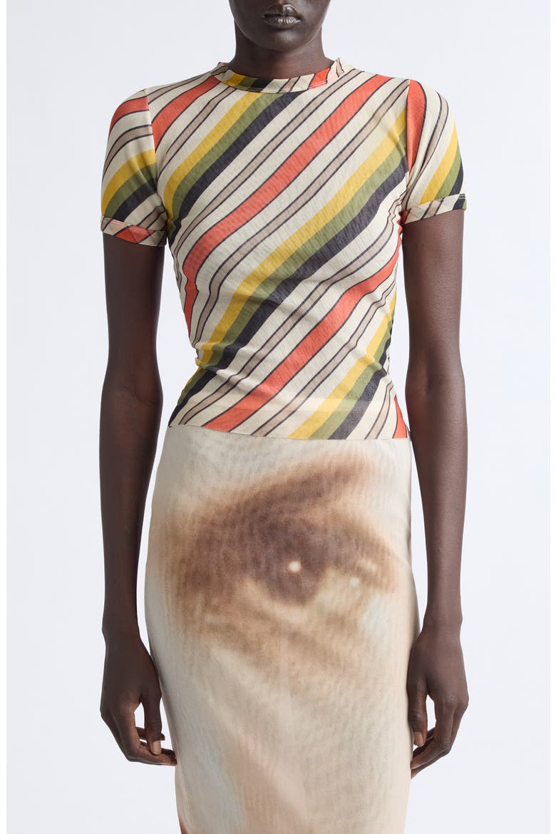 Retro Stripe Print Crop Mesh Baby Tee, Main, color, BEIGE MULTICOLOR