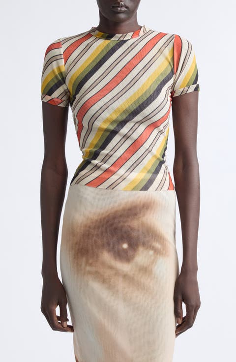 Retro Stripe Print Crop Mesh Baby Tee