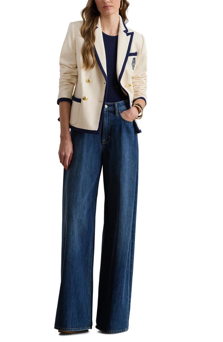 Lauren Ralph Lauren Double Breasted Piquè Blazer, Alternate, color, Mascarpone Cream/ Refined Navy
