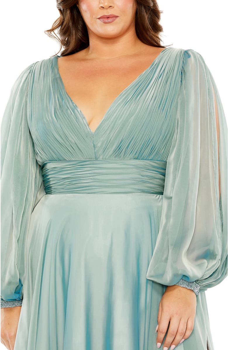 Mac Duggal Chiffon Gown with Sheer Embellished Puff Sleeves, Ruched Waist, Alternate, color, French Blue