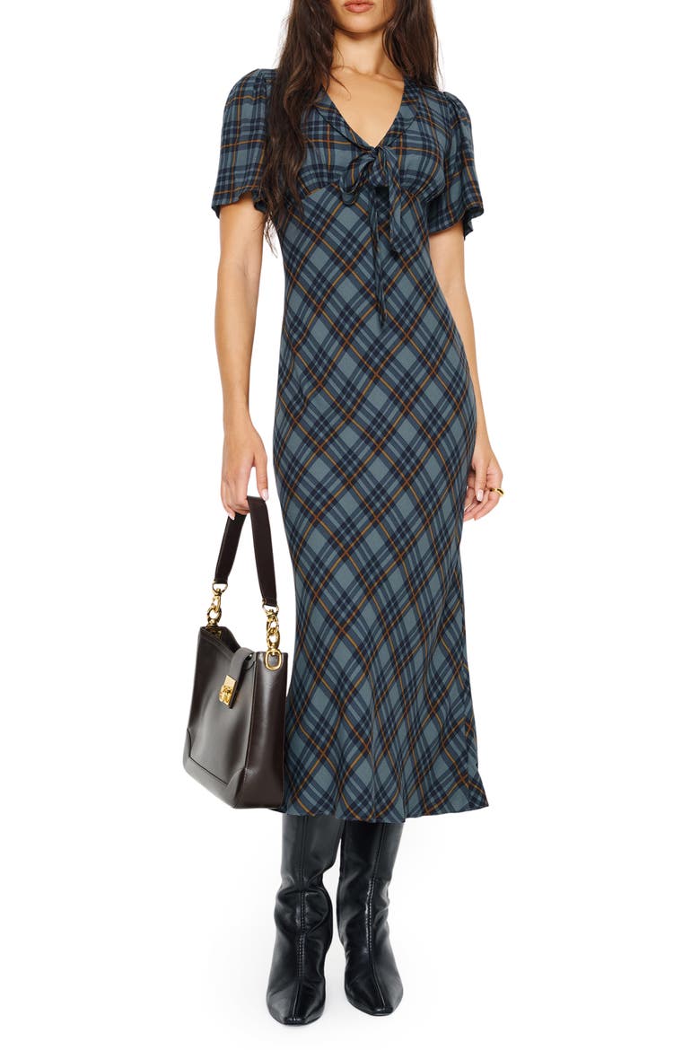 Tyra Plaid Crepe Midi Dress, Main, color, SLATE PLAID
