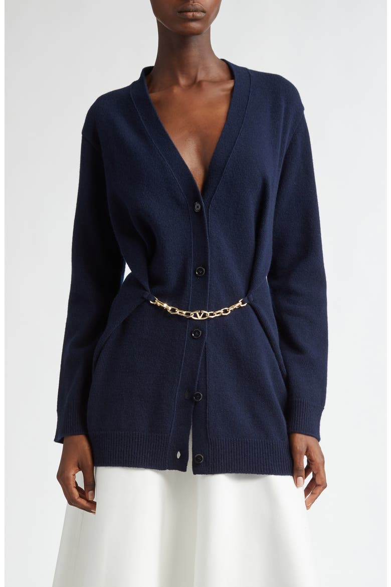 Chain Detail Virgin Wool Cardigan, Main, color, NAVY