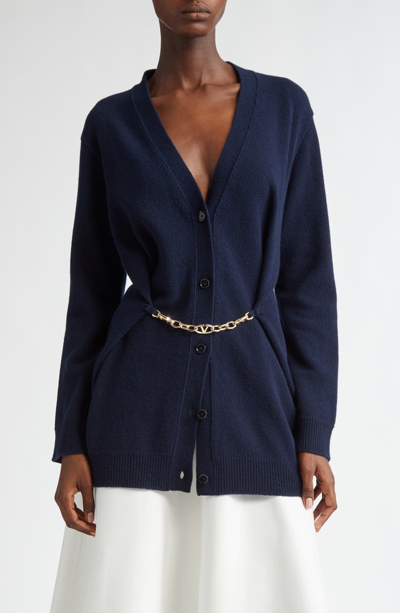Valentino Garavani Chain Detail Virgin Wool Cardigan, Main, color,