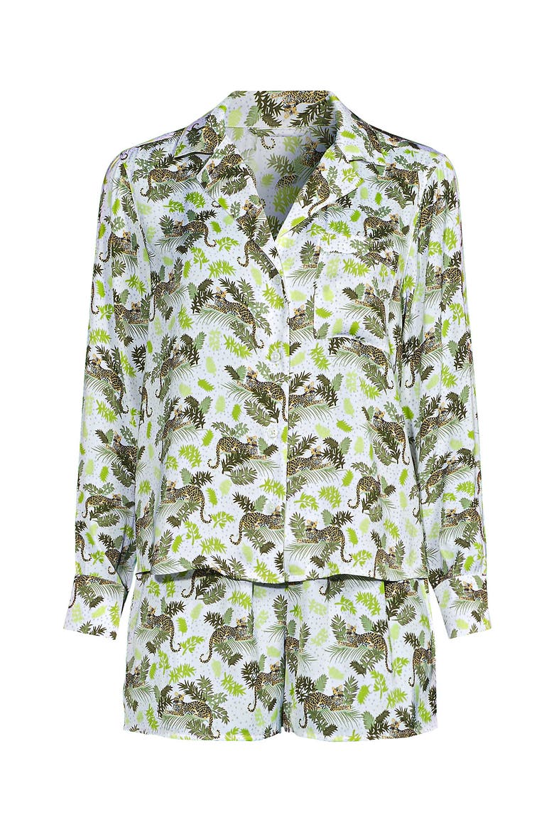 Plus Size Matte Satin 2 Piece Pajama Set - Long Sleeve Top and Shorts, Alternate, color, White Leopards