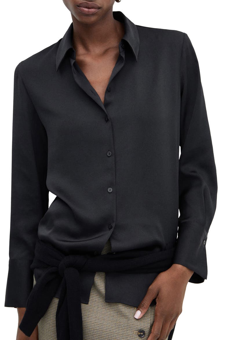 Satin Button-Up Shirt, Main, color, BLACK