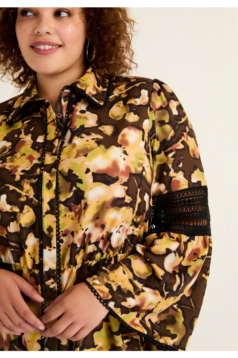 Lace-Panelled Midi Shirt Dress, Alternate, color, WATERCOLOR FLORAL