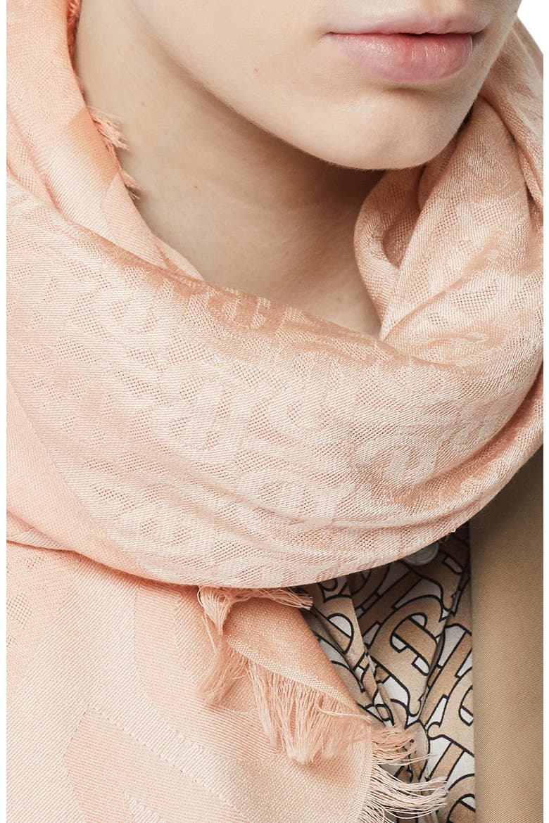 Monogram Jacquard Silk & Wool Scarf, Alternate, color, ROSE BEIGE