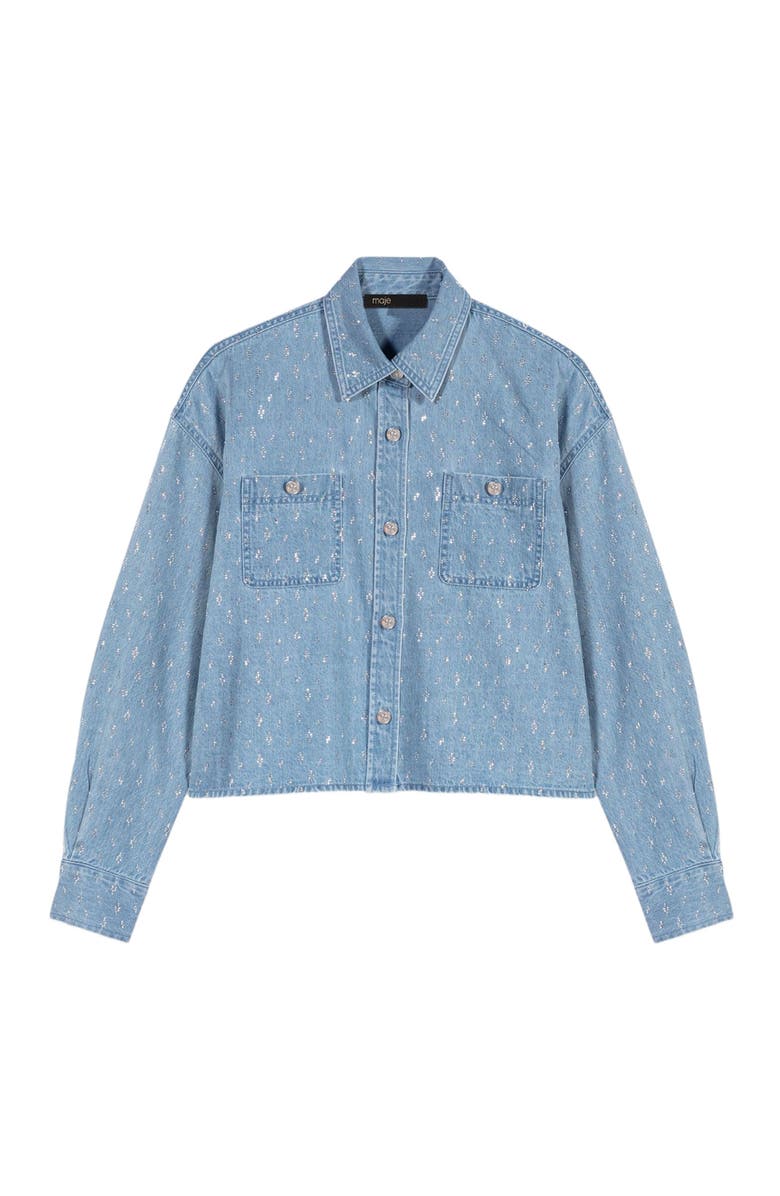 maje Short rhinestone denim shirt, Alternate, color, Denim Blue