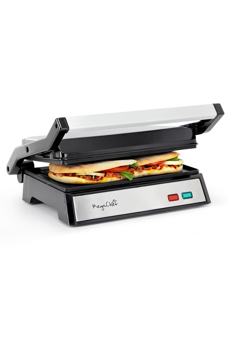 Megachef Electric Dual Plate Non-Stick Panini Grill Contact Press with Drip Tray, Main, color, Black