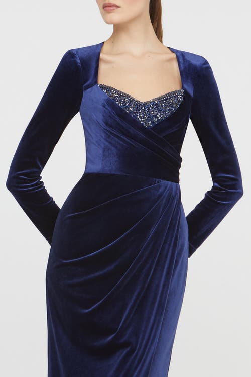 Theia Emerson Draped Stretch Velvet Column Gown In Blue