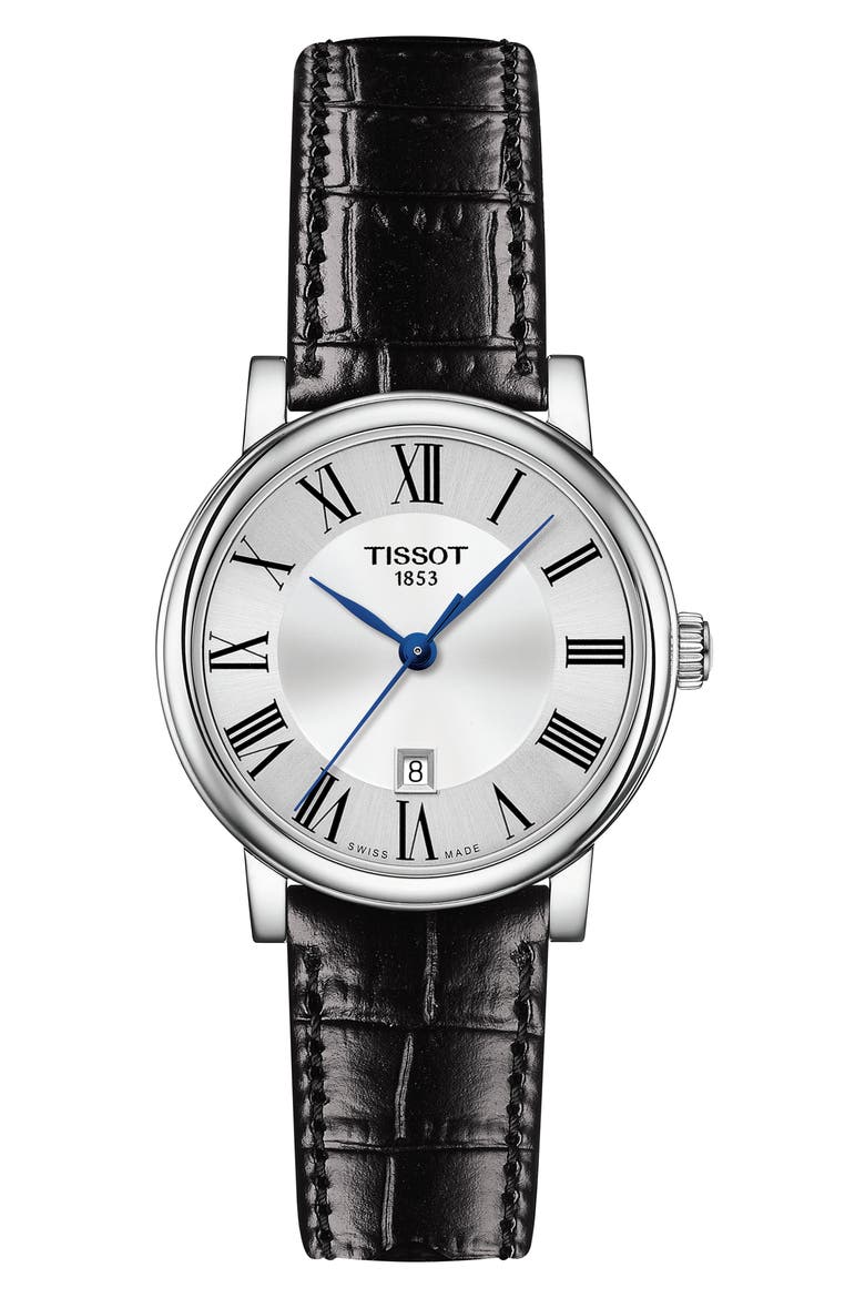 T-Classic Carson Quartz Leather Strap Watch, 30mm, Main, color, BLACK/ SILVER