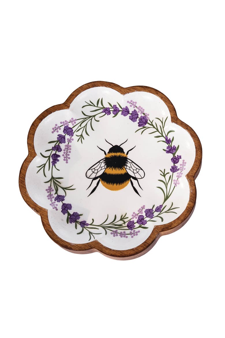Lavender Floral Wreath & Bumble Bee Decorative Spring Wood Tray 8.66", Main, color, White