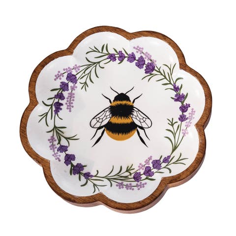 Lavender Floral Wreath & Bumble Bee Decorative Spring Wood Tray 8.66"