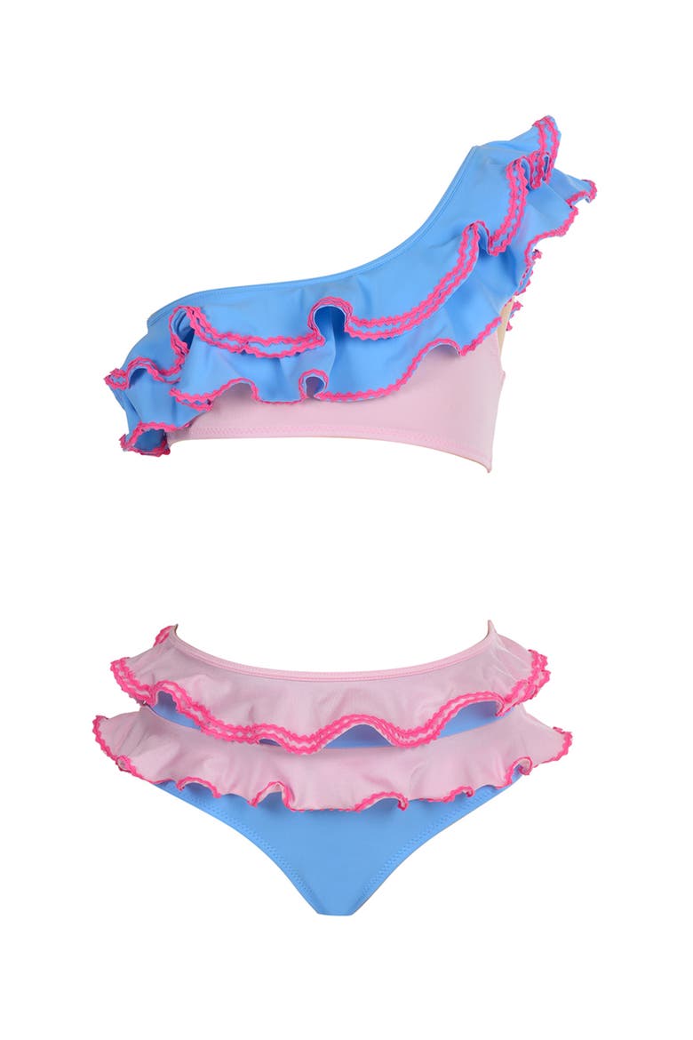 One-Shoulder Multi-Ruffle with Ric-Rac Detail Two-Piece Bikini, Main, color, Multicolor