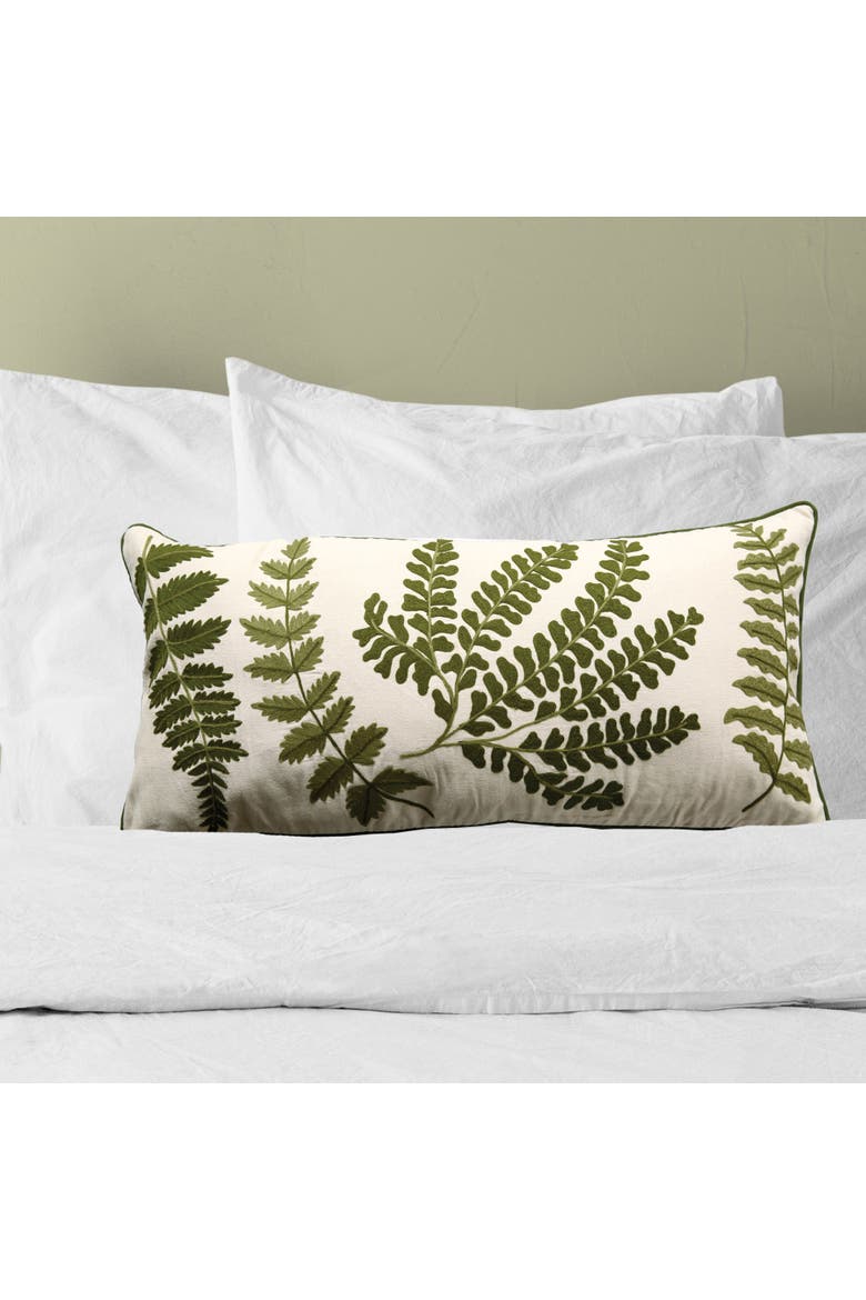Cotton Lumbar Pillow with Fern Fronds Embroidery, Cream and Green, Alternate, color, Green
